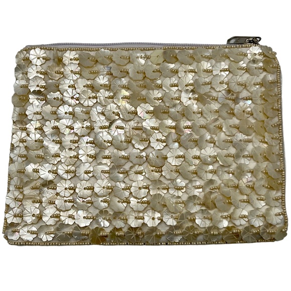 Faux Capiz Shell Beaded Ivory Satin Evening Clutch Crossbody with Chain Strap - Picture 1 of 8